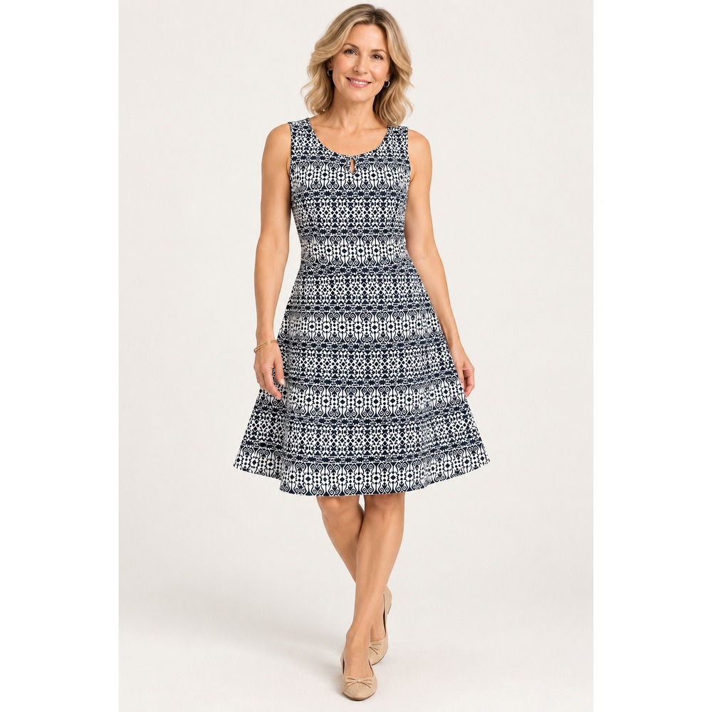 Talbots Women Sleeveless Fit & Flare Dress L Blue White Geometric Ikat Stretch